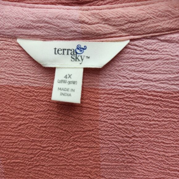 Terra and Sky Button Up Shirt Tunic Top Womens 4X Pink Coral Plaid 3/4 Sleeves - Picture 5 of 9